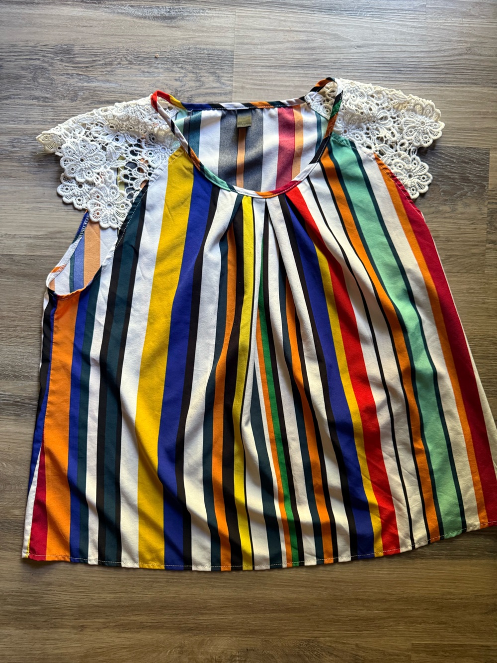 Multicolor 2XL Vertical Stripe Sleeveless Top with Lace Shoulders